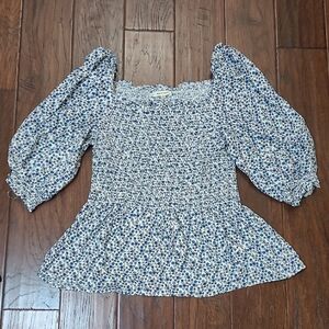 Max Studio Blue Floral Smocked Peplum Style Blouse size Large